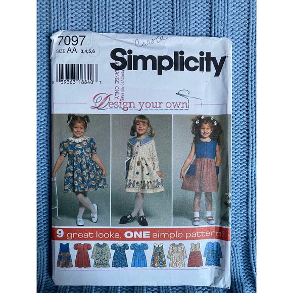 Simplicity 7097 Sewing pattern girls dress puff sleeve pockets size 3 4 5 6 - Picture 1 of 5